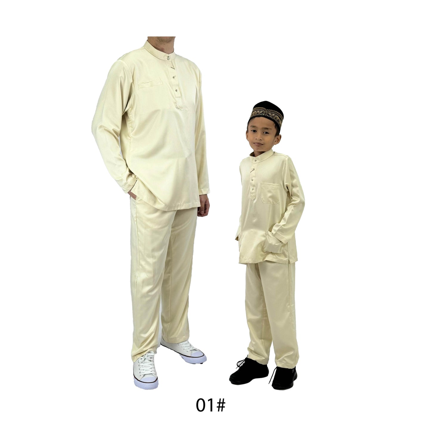 Bentop Baju Melayu Slim Fit Dewasa dan Kanak-kanak [2] Fabric Satin Pocket Family set 1 Crystal butang